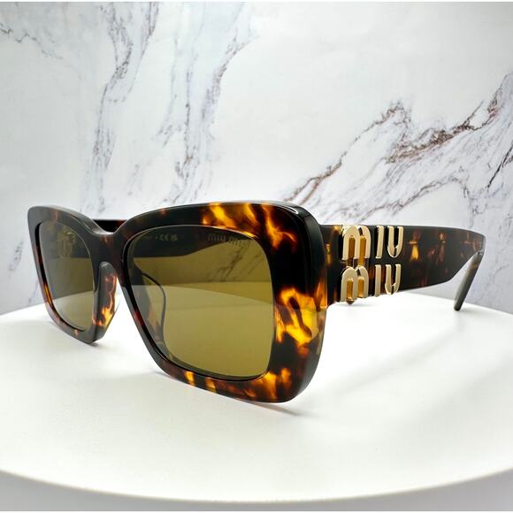 New MIU MIU Sunglasses Brown Tortoise Acetate Gold Metal Logo Italy Authentic - Picture 5 of 16